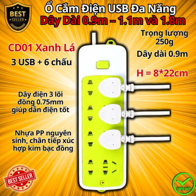 Ổ Cắm Điện USB Đa Năng Cao Cấp Chống Giật Dây Dài 0.9m – 1.1m và 1.8m, Ổ Cắm Điện Công Suất 2500W Có Chốt An Toàn
