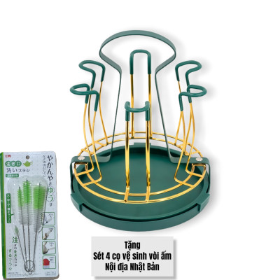 GIÁ KHAY ÚP LY CỐC KIM LOẠI MÀU VÀNG - XANH CỔ VỊT CÓ ĐĨA HỨNG NƯỚC CAO CẤP - ( TẶNG 1 SÉT 04 CỌ VỆ SINH VÒI ẤM NỘI ĐỊA NHẬT BẢN )