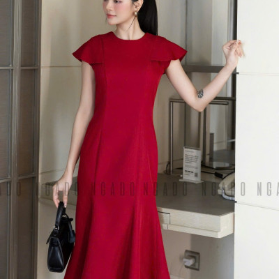 Đầm đỏ đuôi cá ngắn tay NGADO , đầm nữ , Đầm dự tiệc sang chảnh