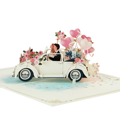 Thiệp 3D Pop Up Xe Cưới Trắng Just Married – Thiệp Chúc Mừng Đám Cưới, Wedding Card Sang Trọng