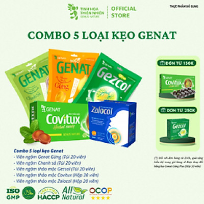 Combo 5 sản phẩm kẹo Genat - Kẹo thảo mộc Covitux, Gezcol , Genat Gừng, Genat chanh sả, viên ngậm Zalocol hỗ trợ giảm ho, giảm đờm, đau rát họng
