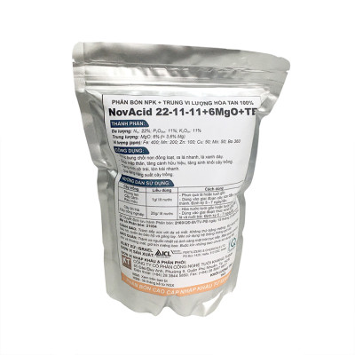 Phân bón hòa tan Israel NPK NovAcid 22-11-11+6MgO+Te giúp thúc cây bung chồi non đồng loạt, tăng kích cở trái thông qua hệ thống tưới nhỏ giọt bón gốc hay phun lên lá 