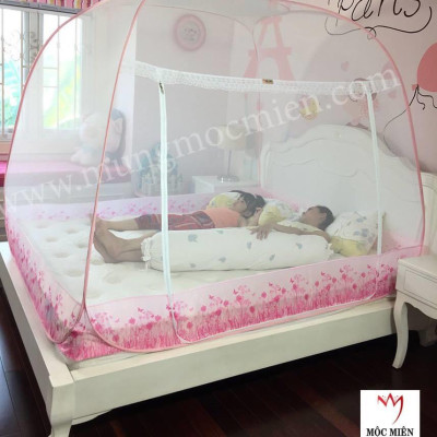 Màn Chụp , Mùng Chụp Cao Cấp Mộc Miên Đỉnh Rộng - Kích Thước 1,4mx2m Trắng Viền Hồng ( Hà Nội )