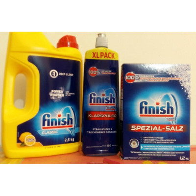 Combo Bột rửa bát Finish 2,5kg + Muối Finish 1,2kg + Nước làm bóng Finish 400ml +Tặng viên Finish