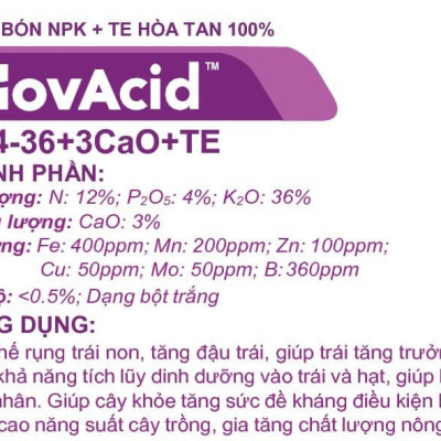 Phân bón hòa tan Israel Novacid 12-40-36+3CaO+Te, Hoà tan 100% sử dụng cho hệ thống tưới nhỏ giọt và tưới phun. Hạn chế rụng trái non, thúc hoa ra màu đẹp và tăng sức đề kháng cho cây trồng