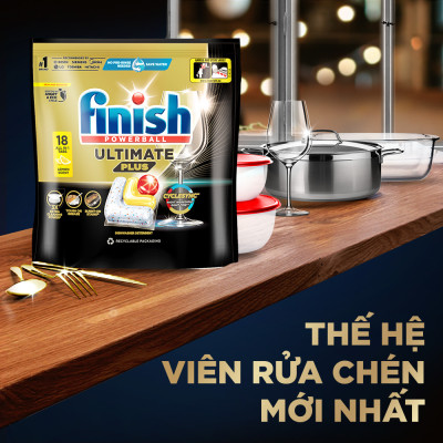 Combo Finish: Viên rửa chén Ultimate 18 viên + Nước làm bóng 500ml + Muối rửa chén 2kg
