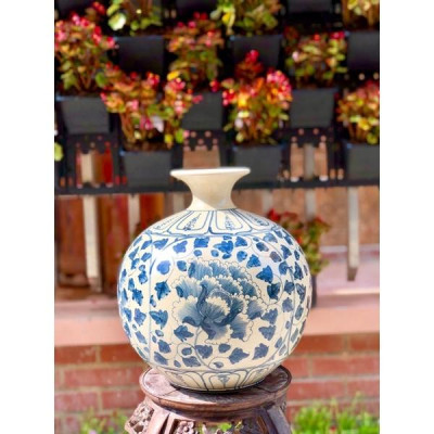 Bình hút lộc men rạn giả cổ, họa tiết vẽ thủ công hoa phù dung  Bát Tràng.