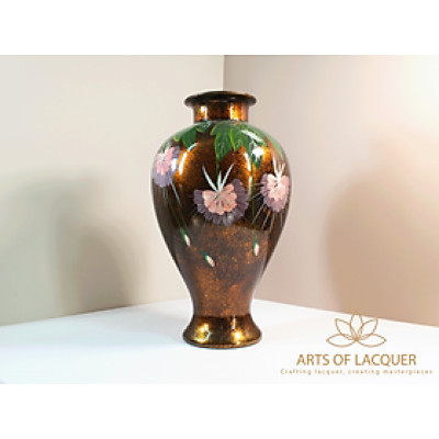 Bình Hoa Sơn Mài Dáng Chum Cổ Nhỏ Màu Nâu Đồng Họa Tiết Hoa Tím