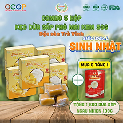 Combo 5 hộp Kẹo dừa sáp VICOSAP vị phô mai kem kẹo mềm dẻo ít đường đặc sản Trà Vinh