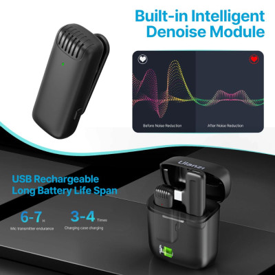 ROGTZ - Mic thu âm Không dây Ulanzi J11 | Micro đa hướng | Giảm tiếng ồn | Sóng UHF | 20m | 800mAh | 5 lần sạc | Micro 6-7h | Đầu thu 6-7h | Lig.htni.ng/Type C | Nhựa ABS | 51g | 20m/65ft | ≤25ms | Tai nghe | 80mAh | 300mAh | Hàng Chính Hãng