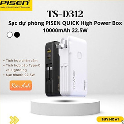 Sạc dự phòng PISEN QUICK High Power Box 10000mAh, 22.5W OWN (TS-D312) kèm chân cắm, kèm cáp sạc, Hàng chính hãng