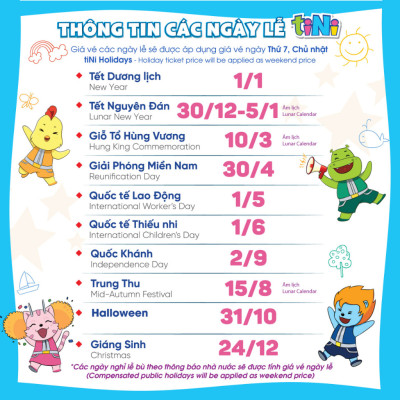 Vé cổng điện tử tiNiWorld EXPRESS CUỐI TUẦN/LỄ áp dụng tại các trung tâm tiNiWorld có giá vé vào cổng 150.000 VNĐ