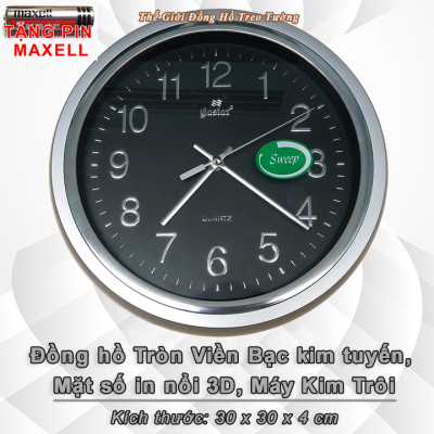 Đồng Hồ Treo Tường KIM TRÔI EASTAR Cao Cấp Mặt Tròn Viền Bạc Kim Tuyến - Mặt số in Nổi 3D - Máy Kim trôi – Kèm Pin Maxell