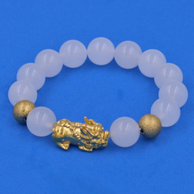 Chuỗi đeo tay Thạch Anh Trắng 12 ly - cẩn Tỳ Hưu Phong thủy inox vàng VTATTHHBV12 - hợp mệnh Kim, mệnh Thủy