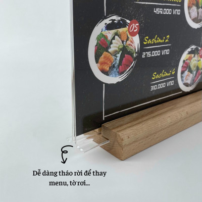 Kệ mica 2 mặt Enter E43 100x210mm đế gỗ 1/3A4 đứng, Kệ menu nhà hàng, Standee mica để bàn, Bảng quét mã QR Code