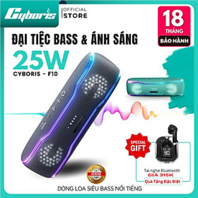 Loa Nghe Nhạc Bluetooth Cyboris F10, Loa siêu Bass,  Công suất 25W, Chống nước IPX7, Pin 2500mAh. Hàng Chính Hãng