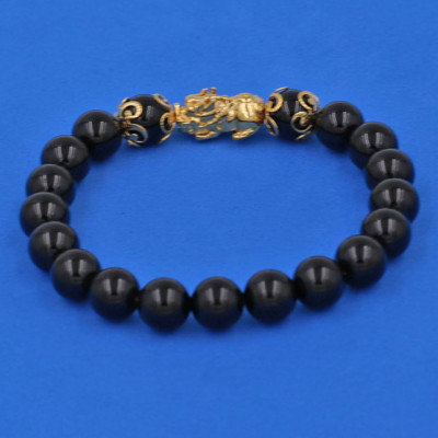 Vòng tay Đá Thạch Anh Đen 8 ly - cẩn Tỳ Hưu Phong Thủy inox vàng VTAETHHKV8 - hợp mệnh Mộc, mệnh Thủy