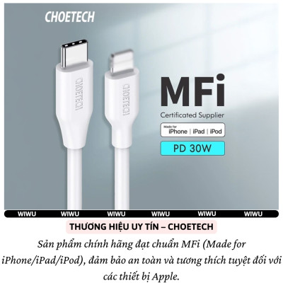Dây cáp sạc nhanh 30W chuẩn MFI PD Type-C ra L (iP) hiệu Choetech IP0040 - Chuẩn sạc an toàn RoHS, chiều dài 200cm, Truyền dữ liệu 480Mbps, siêu bền, chất liệu TPE - Hàng nhập khẩu