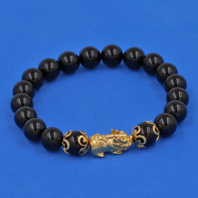 Vòng tay Đá Thạch Anh Đen 8 ly - cẩn Tỳ Hưu Phong Thủy inox vàng VTAETHHKV8 - hợp mệnh Mộc, mệnh Thủy