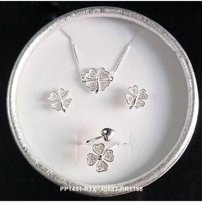 Combo dây chuyền, bông tai và nhẫn bạc Ý 925 Huệ Ngân - Cỏ bốn lá may mắn PP1451-RYE140863-RR1158