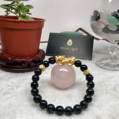 Vòng Đá Thạch Anh Tóc Đen Mix Tỳ Hưu Mạ Vàng Ngọc Quý Gemstones TA038