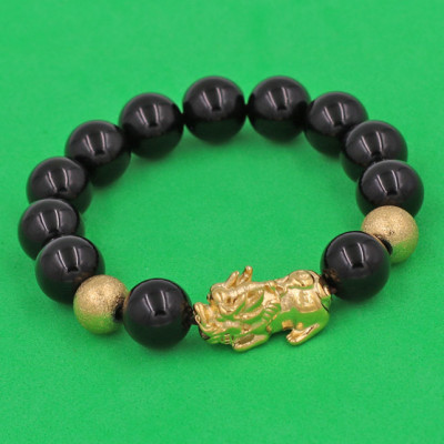 Vòng tay đá Thạch Anh Đen 12 ly - charm Bi vàng - cẩn Tỳ Hưu Phong Thủy inox vàng VTAETHHBV12 - hợp mệnh Thủy, mệnh Mộc