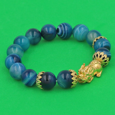 Vòng đeo tay Thạch Anh Xanh Da Trời sọc 12 ly - Vòng tay Tỳ Hưu Phong Thủy Chiêu Tài Lộc inox vàng VTAXBSTHBKV12