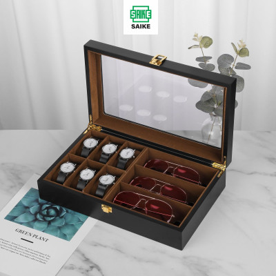 Hộp Đồng Hồ Và Mắt Kinh SAIKE SAIKE S6886 Mẫu Đựng 6 Đồng Hồ Và 3 Mắt Kính Vỏ Gỗ Cao Cấp Lót Nhung Màu Nâu