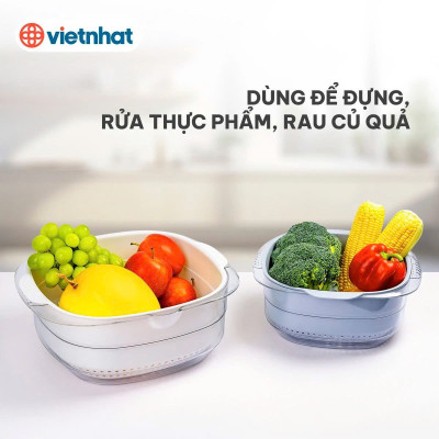 Bộ thau rổ vuông trung HOKORI 2338 nhựa VIỆT NHẬT cao cấp - Rửa rau củ quả, trộn thực phẩm - Hàng Chính hãng