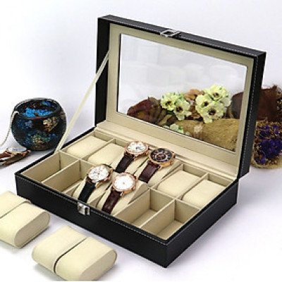 Hộp Đựng Đồng Hồ Nam Nữ 10 Ngăn Bọc Da Cao Cấp Có Mút Silicon Chống Xước Mặt Đồng Hồ - Hàng Chính Hãng MINIIN