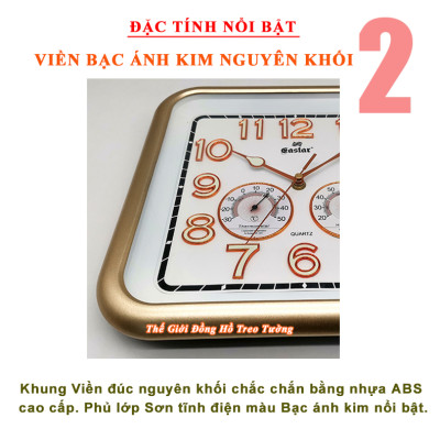 Đồng Hồ Treo Tường EASTAR Cao Cấp Có DẠ QUANG Và NHIỆT ẨM KẾ CƠ (Không Dùng Pin) - Máy Kim Trôi - SỐ NỔI 3D - Hình Vuông Mặt Trắng - Tặng Pin Maxell