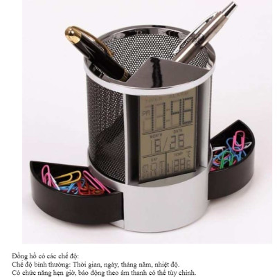 Hộp đựng bút có đồng hồ, lịch kỹ thuật số đa năng - hàng chính hãng