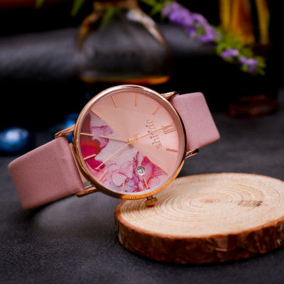 Đồng Hồ Nữ Julius Hàn Quốc JA1312 Dây Da Mặt In Hoa Thanh Lịch