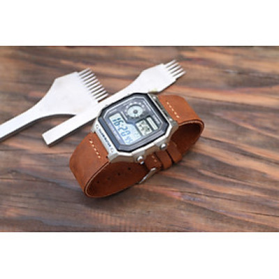 Dây Da Thật Thay Thế Dành Cho Đồng Hồ Casio AE1200 Da Sáp Nâu Sậm Handmade