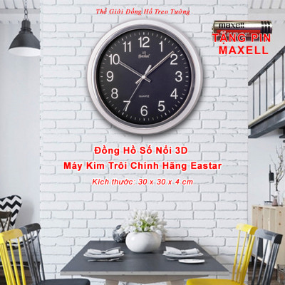 Đồng Hồ Treo Tường KIM TRÔI EASTAR Cao Cấp Mặt Tròn Viền Bạc Kim Tuyến - Mặt số in Nổi 3D - Máy Kim trôi – Kèm Pin Maxell