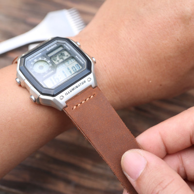 Dây Da Thật Thay Thế Dành Cho Đồng Hồ Casio AE1200 Da Sáp Nâu Sậm Handmade