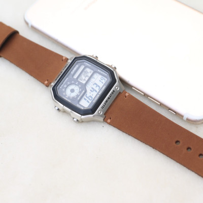 Dây đeo da thay thế đồng hồ Casio AE1200 - Handmade- Da sáp Nâu vàng
