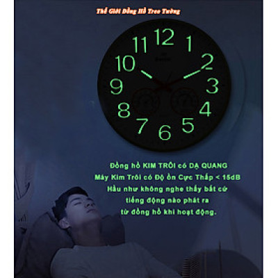 Đồng Hồ Treo Tường DECOR Trang Trí Nhà Hình Tròn Viền Mỏng 38cm EASTAR - Bộ Kim Số DẠ QUANG và NHIỆT ẨM KẾ TỰ ĐỘNG - Tặng Pin Maxell