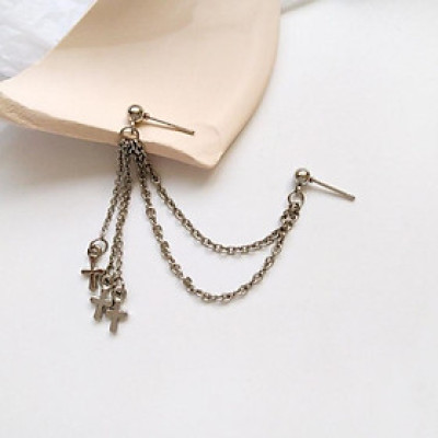 Khuyên tai hoa tai xích gấp chữ N thả ba đuôi chữ thập hiphop