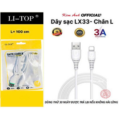 Dây sạc 3A LI-TOP LX33 chân L (Túi), dòng điện 5V- 3A, Kim Ánh cho dùng thử 30 ngày,  hàng chính hãng