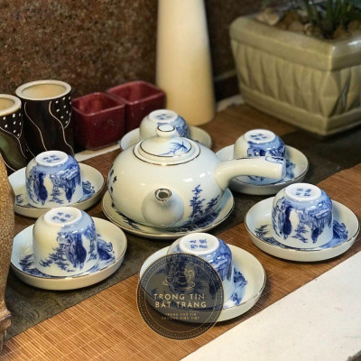 Bộ Ấm Chén Trà Đạo Gốm Trắng Men Lam Bát Tràng Trúc Lâm Thất Hiền Vẽ Vàng Dáng Đường Vũ Dung Tích 350ml (Bộ Ấm Chén) ATA 13