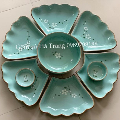 Bộ đĩa hoa mặt trời gốm sứ Bát Tràng cao cấp men lam hoạ tiết đào trắng