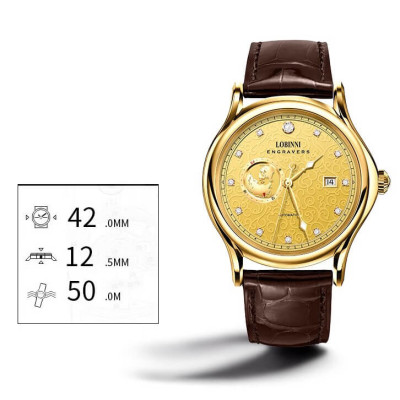 Đồng hồ nam chính hãng LOBINNI L1889-5 Kính sapphire,chống xước,Chống nước,BH 24 tháng,Máy cơ (Automatic) ,dây da xịn