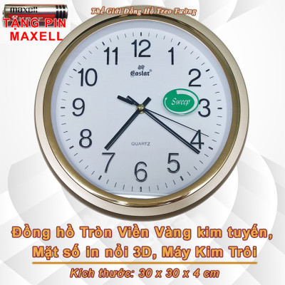 Đồng Hồ Treo Tường KIM TRÔI EASTAR Cao Cấp - Mặt Tròn Viền Vàng Kim Tuyến - Mặt số in Nổi 3D - Máy Kim trôi – Tặng Pin Maxell