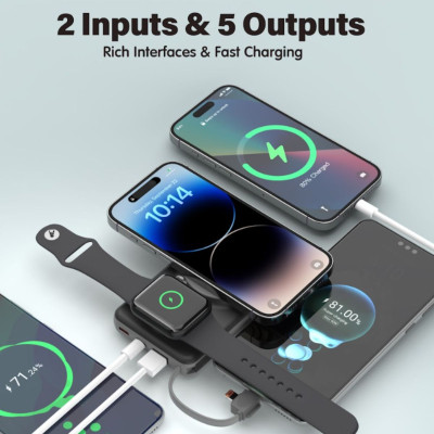 Pin dự phòng Choetech B695 Mag.safe 3 in 1 Công Suất 22.5W tích hợp thêm dây cáp sạc Light.ning và Type C (Hàng chính hãng)