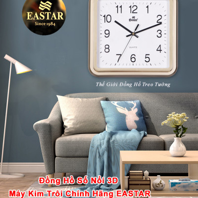 Đồng Hồ Treo Tường KIM TRÔI EASTAR Cao Cấp Mặt Vuông, Viền kim tuyến, Số nổi Ánh kim - Tặng Pin Maxell - BH 1 Năm - Decor Trang Trí Nhà 