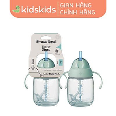 Bình tập uống nước có ống hút bi trọng lực chống tràn, chống sặc Tommee Tippee Trainer Straw, 240ml, cho bé từ 6 tháng– Xanh