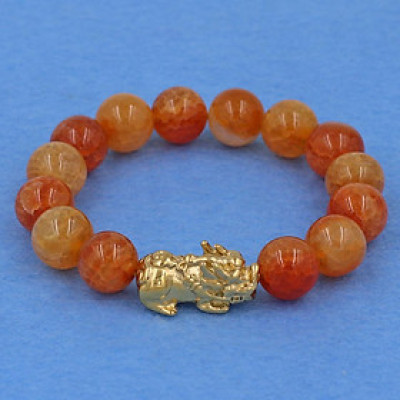 Chuỗi tay đá vân rồng cam 12 ly - cẩn Tỳ Hưu inox vàng VVRCTHV12 - hợp mệnh Hỏa, mệnh Thổ
