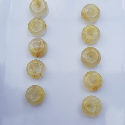 Bộ Trang Sức Phong Thủy 5 Đồng tiền đá thạch anh tóc vàng may mắn tài lộc Size đk 10mm x cao 4,5mm x lỗ 2mm mệnh Kim mệnh Thổ và mệnh Thủy Nữ phối lên bộ lắc tay hay mặt dây chuyền vàng đeo xinh đẹp may mắn ạ