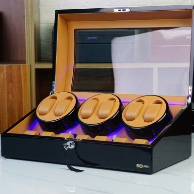 Hộp Đựng Đồng Hồ Cơ 6 Xoay + 7 Trưng Bày Vỏ Gỗ Sơn Mài (Đèn LED)
